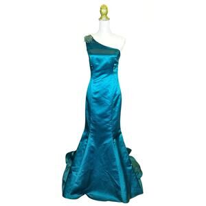 Badgley Mischka Collection Mikado Satin One Shoulder Crystal Embellished Gown—6